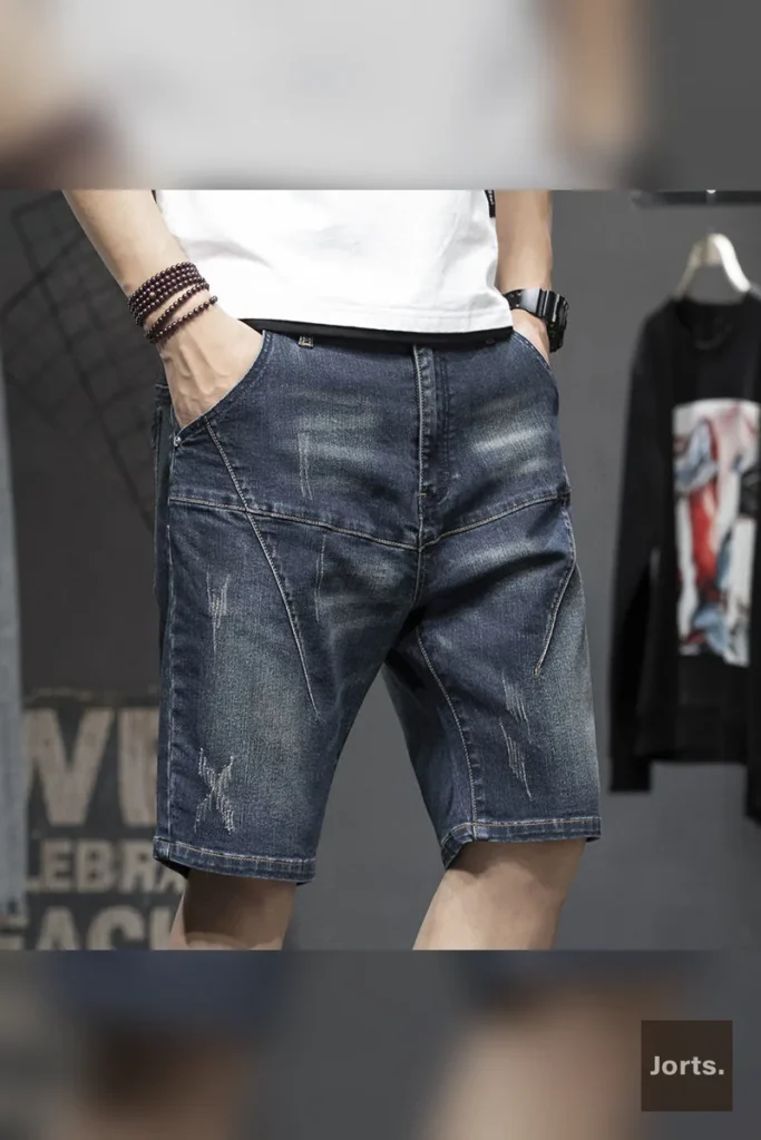 Back view of men's retro denim shorts with hand-painted details