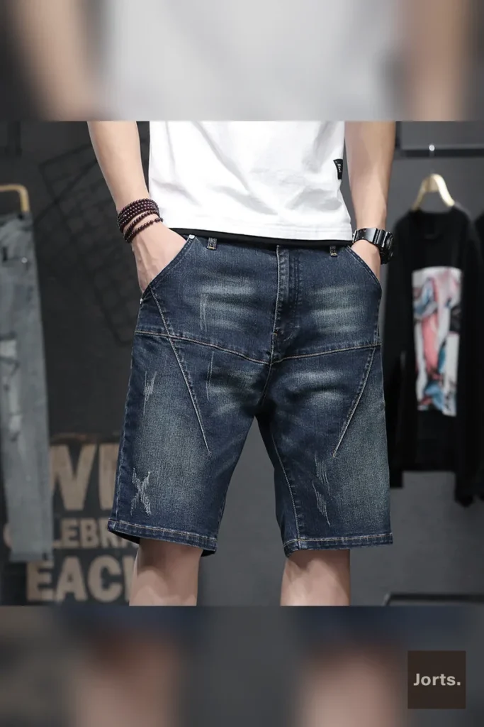Men's hand-painted retro denim shorts, front view on model