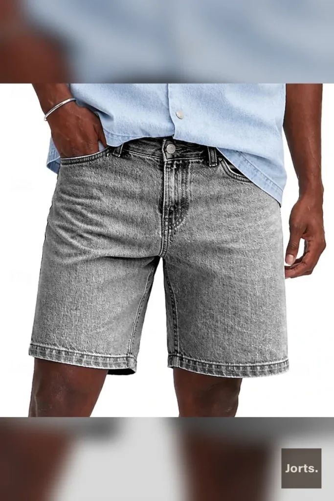 Mens loose fit cropped denim shorts in army green, front view.