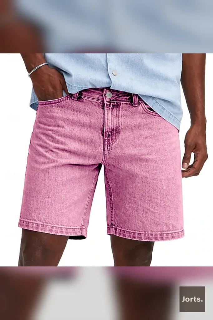 Mens loose fit cropped denim shorts in light grey, back view worn by model.