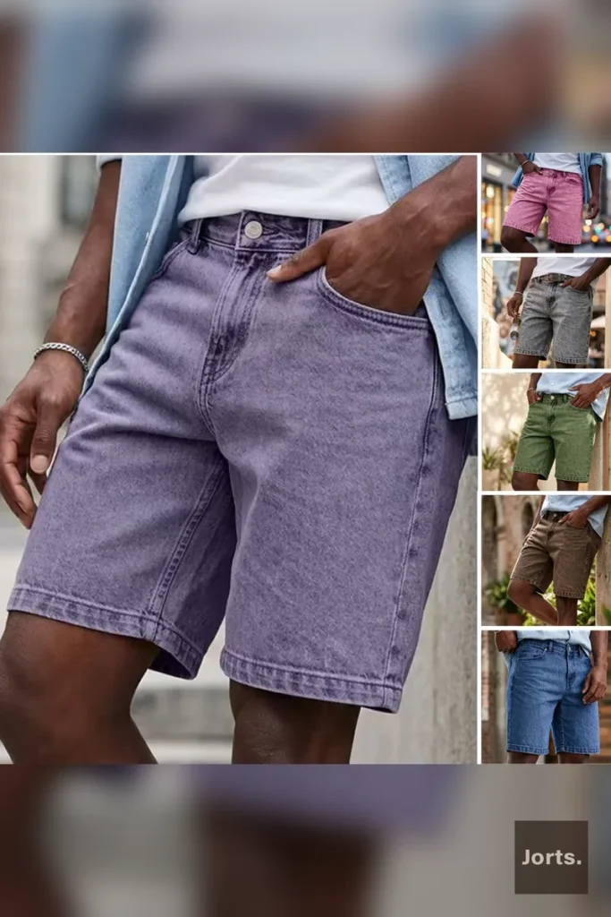 Mens loose fit cropped denim shorts in coffee colour, front view.