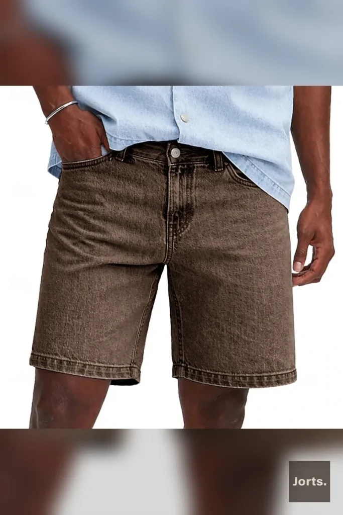 Mens loose fit cropped denim shorts in light grey, front view worn by model.