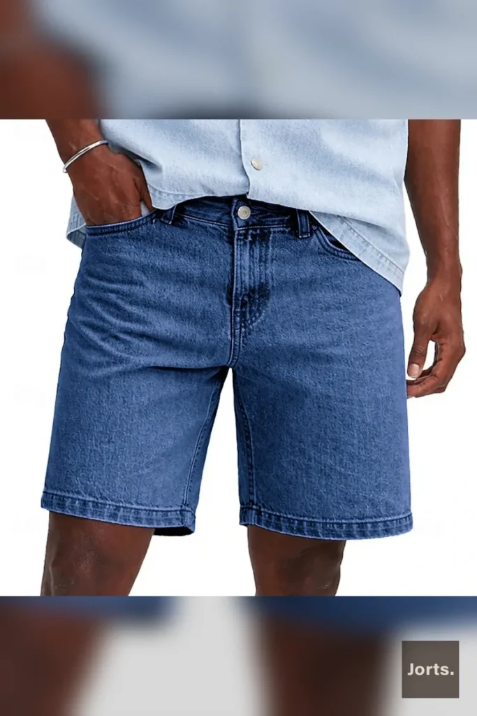 Mens loose fit cropped denim shorts in purple, front view.
