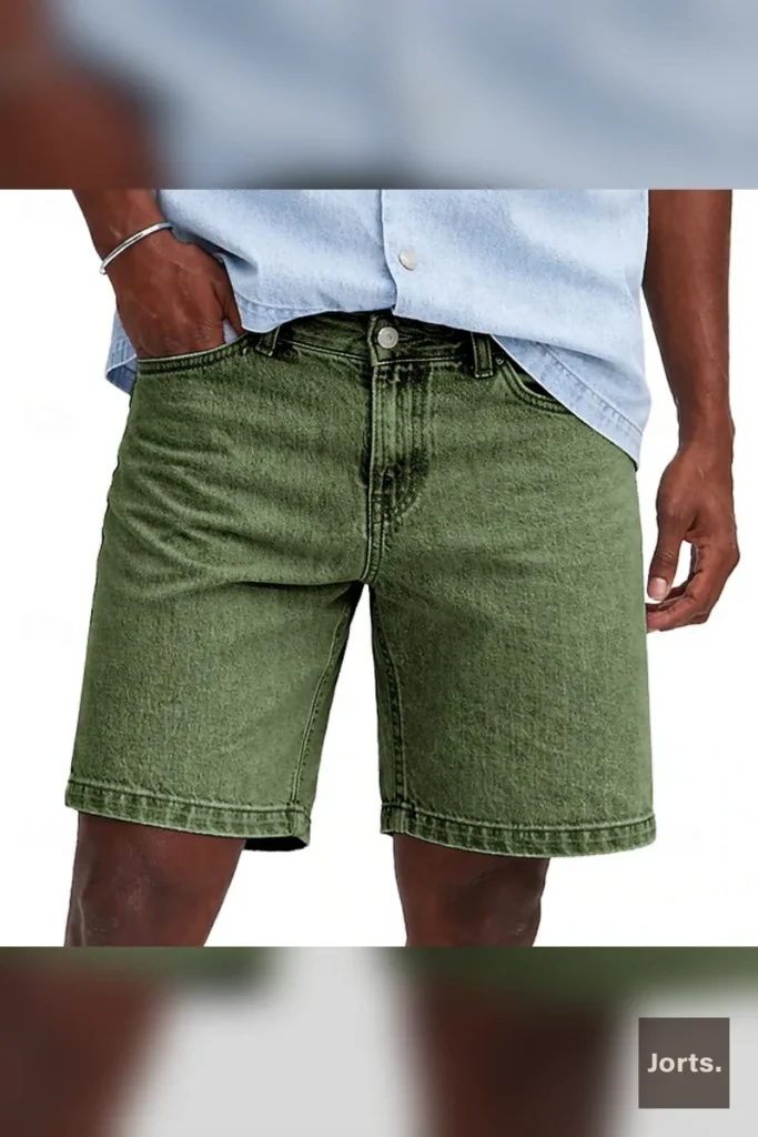 Mens loose fit cropped denim shorts in light grey, side profile worn by model.