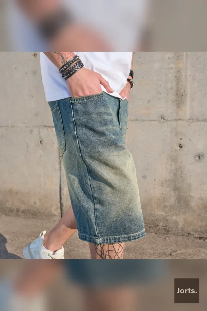 Mens loose fit denim straight leg pants, back view
