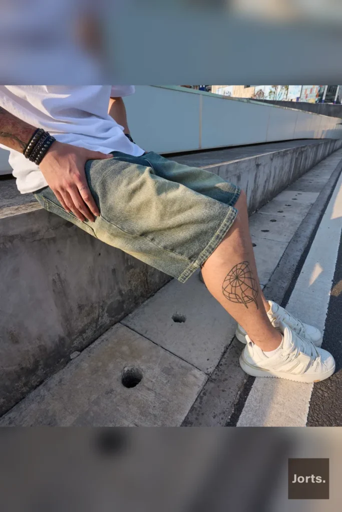 Mens loose fit denim straight leg pants, side profile