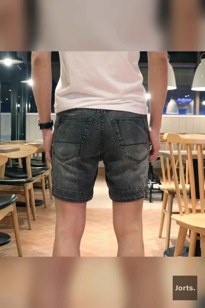 Close-up of black-grey denim jorts fabric texture