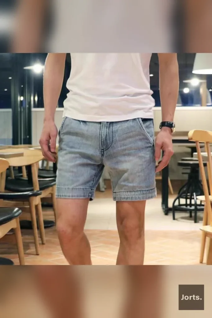 Mens relaxed fit light blue denim jorts, back view worn by model